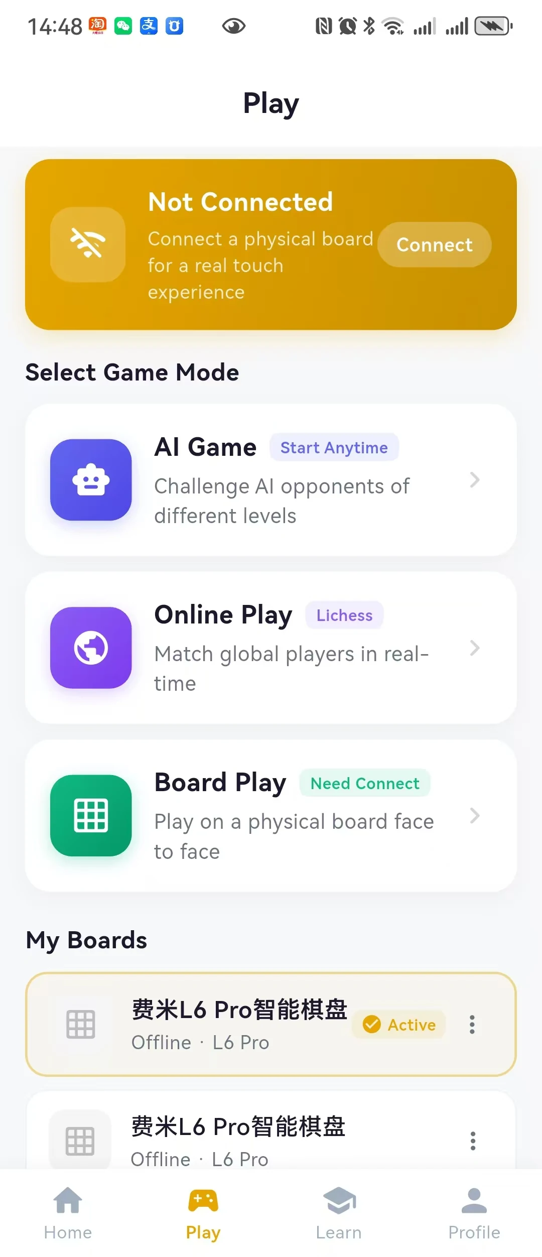 InfiChess Play screen with AI Game, Online Play and linked boards.